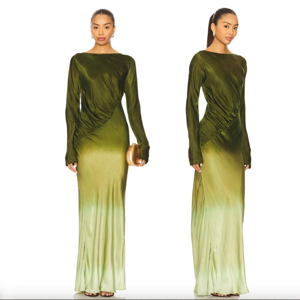 NEW SWF Fluid Drape Maxi Dress in Olive Merage Green Satin Long Sleeve S/W/F